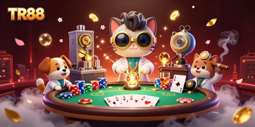 Engage with TR88 at an exciting poker table scene featuring vibrant characters and winning moments.