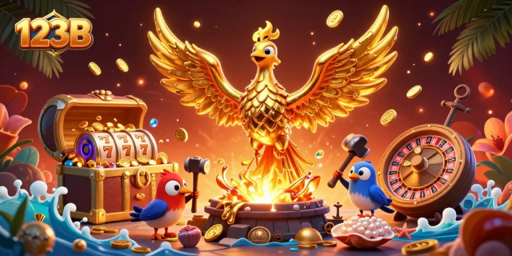 Win big with 123B as a golden phoenix emerges, surrounded by explosive treasures and vibrant casino elements.
