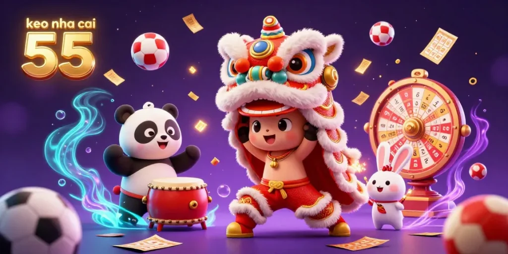 Experience keo nha cai 55 with vibrant sports betting decorations and animated characters in a lively casino scene.