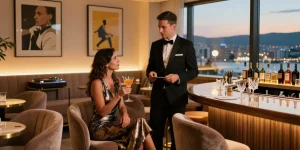 eskort batumi elegant lounge scene with sophisticated escort engaging in conversation