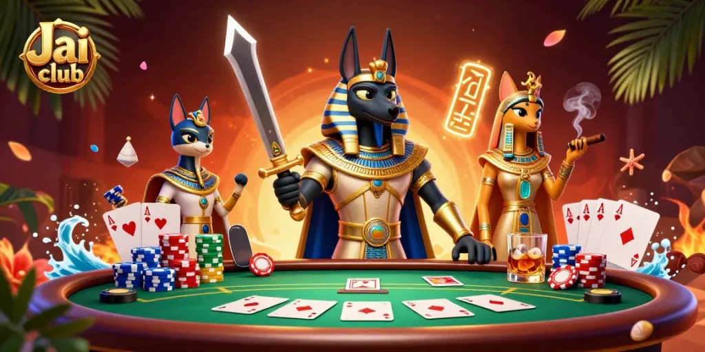 Experience high-stakes poker with Jai club's thrilling Anubis scene and vibrant gaming elements.