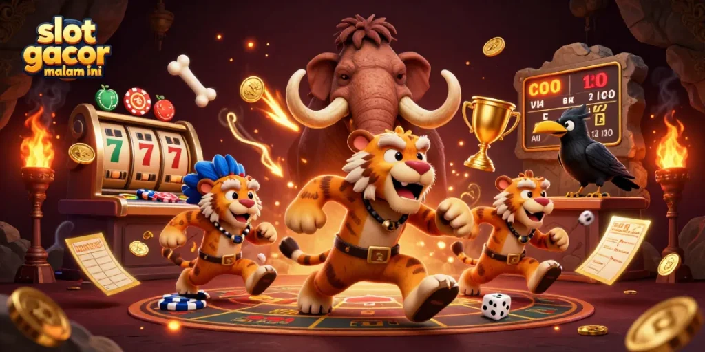Slot gacor malam ini menampilkan ilustrasi kasino pra-sejarah yang dinamis dan penuh warna.