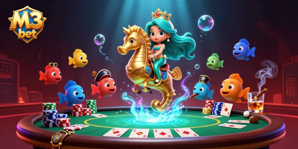 Experience M3 bet with an exciting poker-themed underwater fantasy featuring vibrant characters and rich details.
