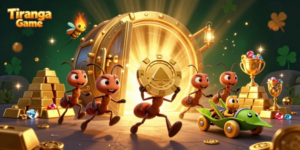 Tiranga Game color prediction experience featuring ants, poker chips, and vibrant treasures.