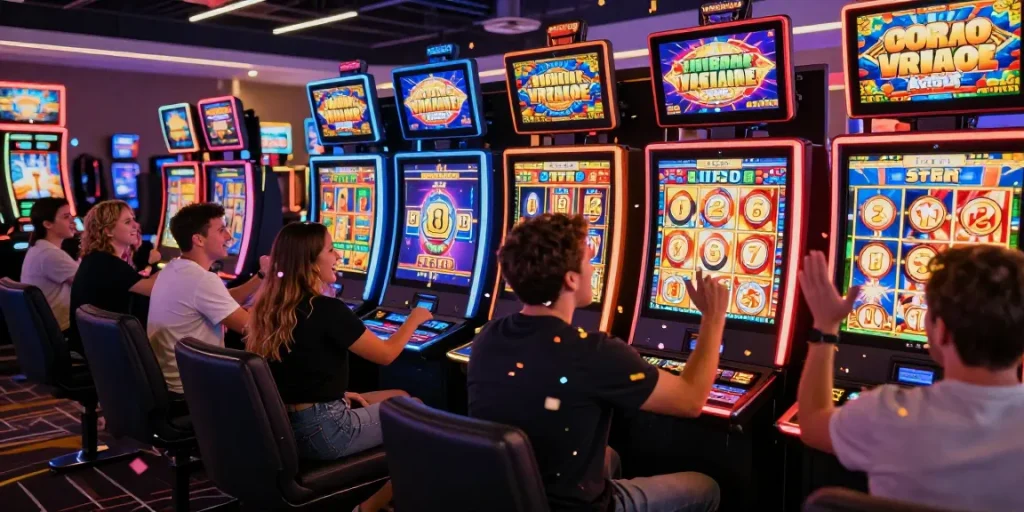 Menampilkan pemain merayakan kemenangan slot jackpot di kasino online yang meriah