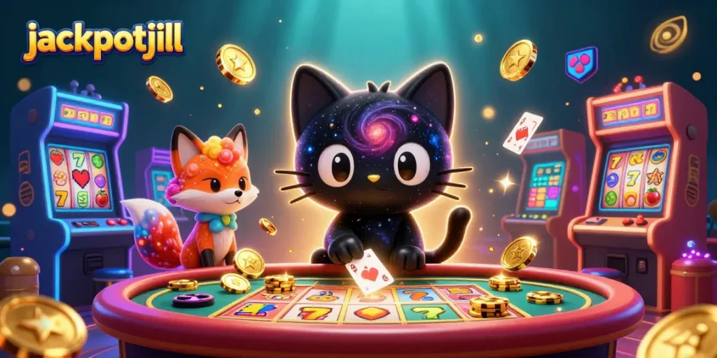 Spin the reels and win at jackpotjill with a cosmic theme featuring a black hole cat and vibrant game elements.
