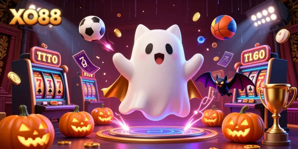 Engage with XO88 in a haunted casino adventure with a ghost cat, vampire bat, and glowing poker pumpkins.