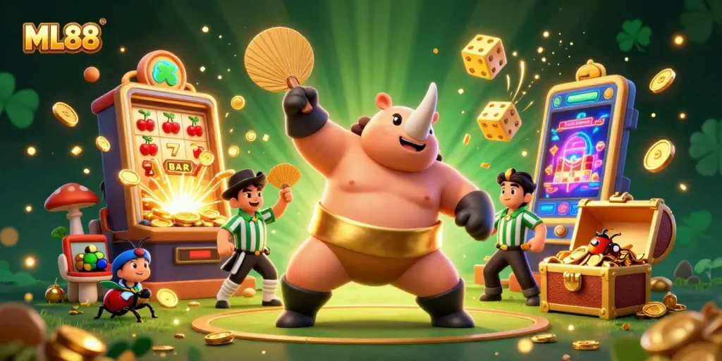 Watch the ML88 sumo champion beetle stomp and release coins while spectators cheer in a vibrant casino scene.