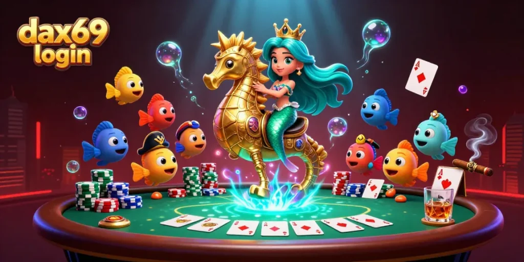 Masuki pengalaman bermain di dax69 login dengan sekelompok ikan karikatur meriah dan karakter uang koin.