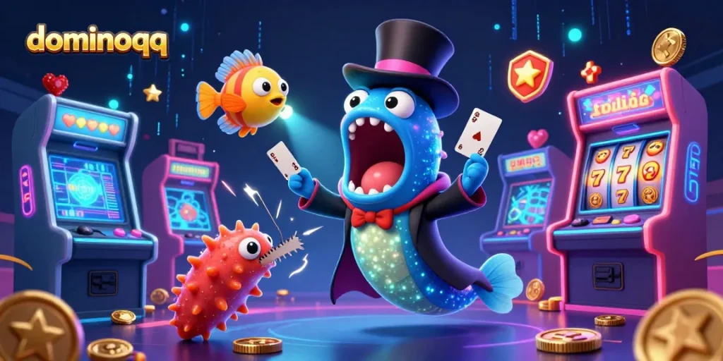 Experience the thrill of dominoqq with a magical deep-sea gambling spectacle featuring vibrant characters and illuminated game elements.