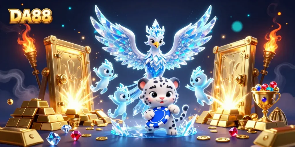 DA88 featuring a glowing ice phoenix and treasure vault, capturing thrilling gaming energy.