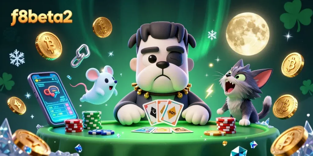 Experience casino thrills with f8beta2's 3D cartoon characters at a vibrant gaming table.