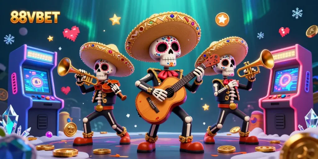 Experience exciting gaming fun with 88VBET's vibrant 3D casino scene featuring a mariachi band.