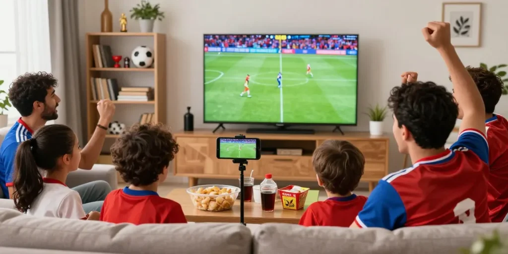 Excited fan watching live football match on موقع IHD Sports, surrounded by snacks and friends.