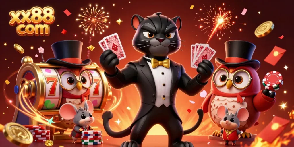 Experience xx88 com excitement with a 3D illustration of a stylish panther dealing cards at a casino.