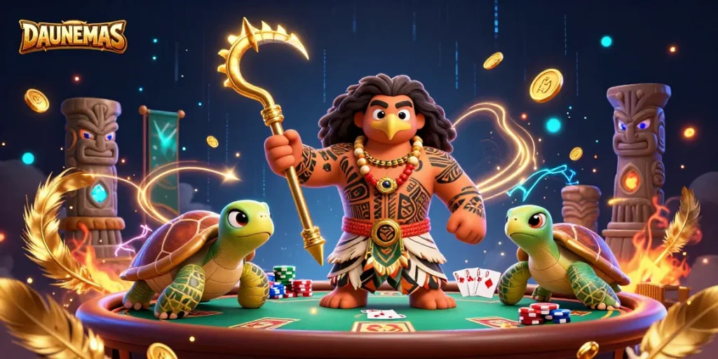 Experience thrilling poker action at DAUNEMAS with vibrant characters and dynamic casino elements.