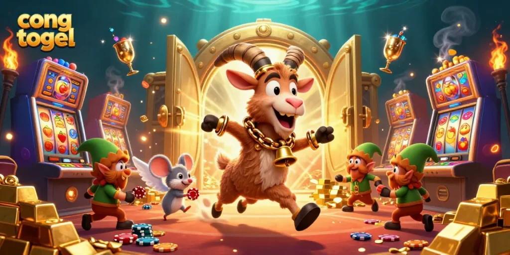 Play exciting games on cong togel with vibrant slot machines and festive characters in a lively casino.