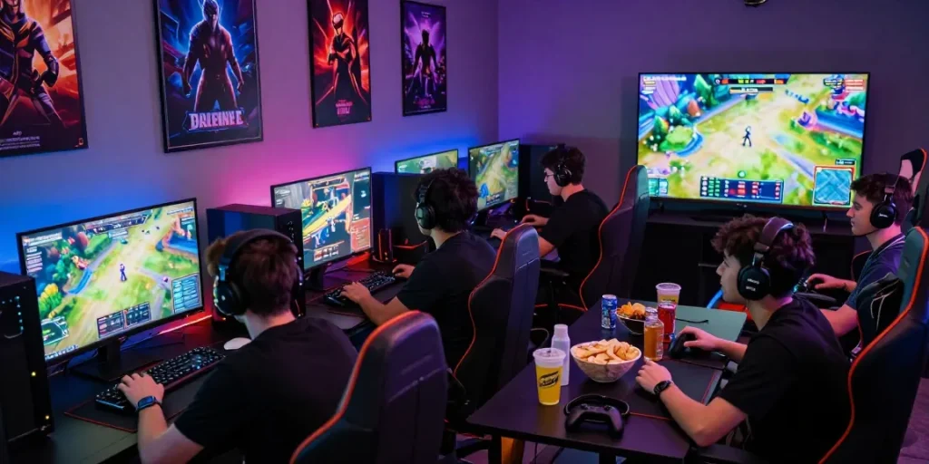 Exciting gaming community gathering showcasing a vibrant hitclub atmosphere with players and gear.