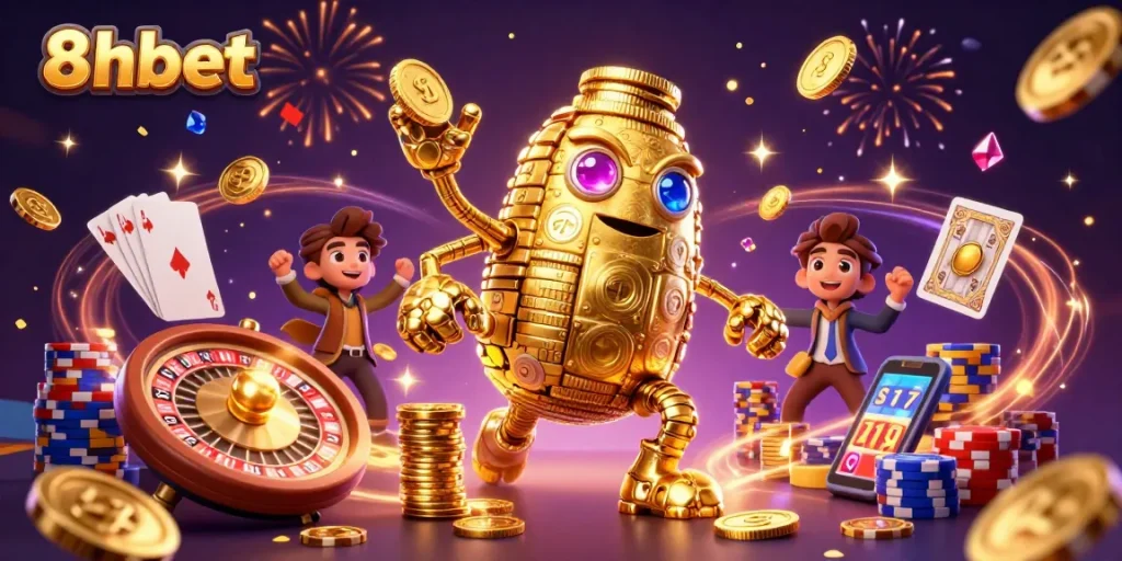 Experience the thrill of 8xbet with dynamic casino elements like golden golems and slot machines.
