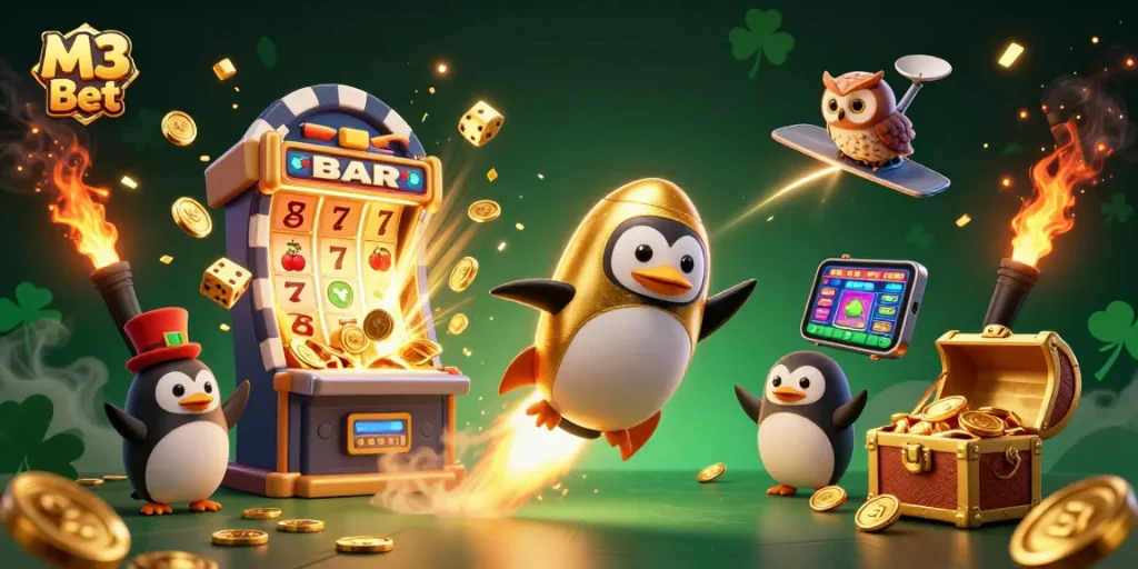M3 Bet showcases dynamic gameplay with a golden penguin and casino elements for ultimate excitement.