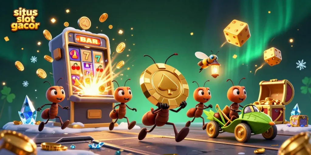 Situs slot gacor scene of cartoon ants with golden poker chip amidst bursting slot machine and casino elements