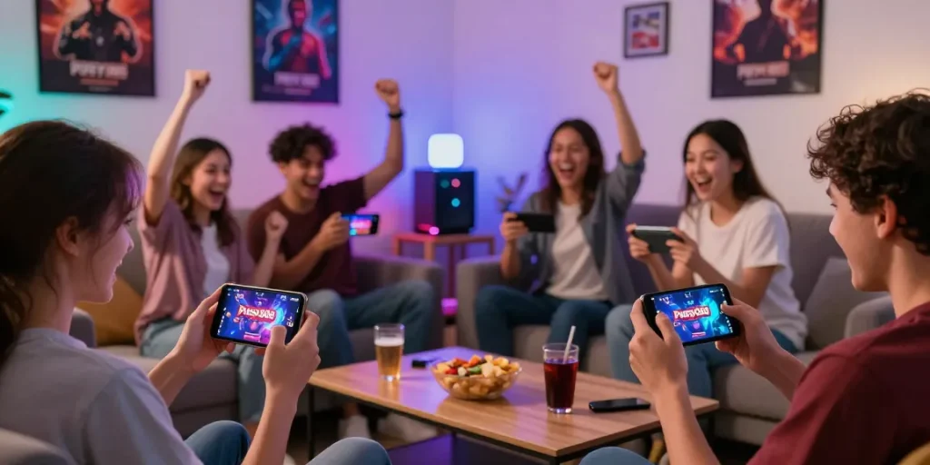 Friends celebrating a win on Pussy888 iOS in a vibrant living room