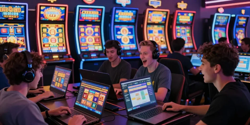 Pengalaman bermain slot online dengan pemain antusias dan mesin slot berwarna-warni.