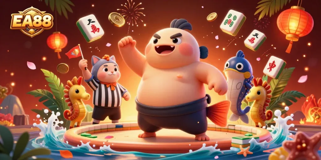 Engage with EA88's vibrant casino world featuring energetic characters and festive gambling elements.
