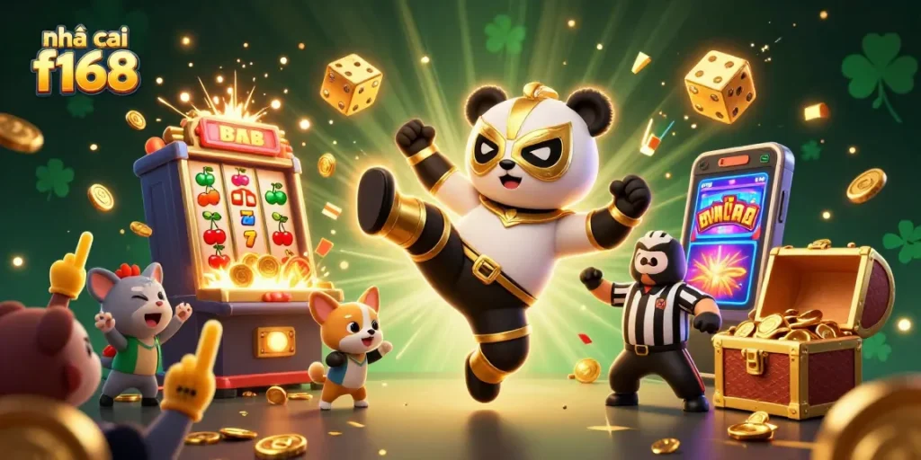Engaging scene featuring nhà cái f168, a lively panda wrestler and cheering animal crowd enjoying an exciting casino experience.
