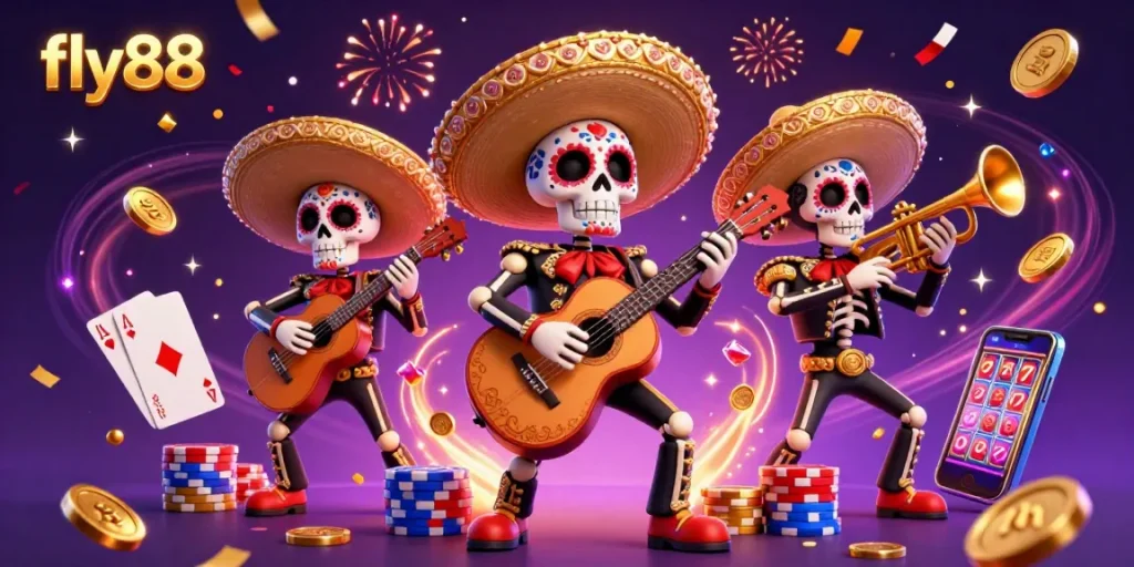 Experience the excitement of fly88 with a vibrant 3D casino scene featuring mariachis and golden coins.