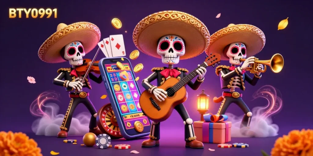 Engage with BTY0991 through vibrant 3D illustration featuring a mariachi band amidst thrilling casino elements.