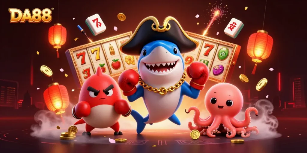 Experience the thrills of DA88 with cartoon pirate shark, pufferfish, and octopus in a vibrant casino scene.