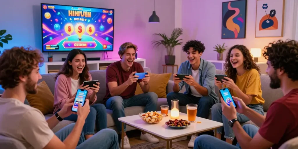 Exciting gameplay moment while friends enjoy mobile gaming on casino apps.