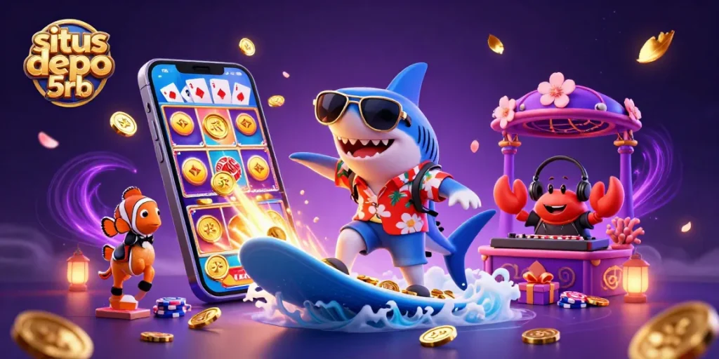 Spin the reels on situs depo 5rb with a vibrant casino scene featuring sharks, seahorses, and gold coins.