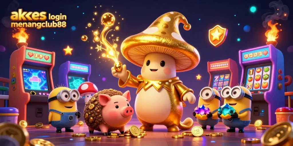 Engage in thrilling gameplay with akses login menangclub88, featuring vibrant game characters amidst exciting casino elements.