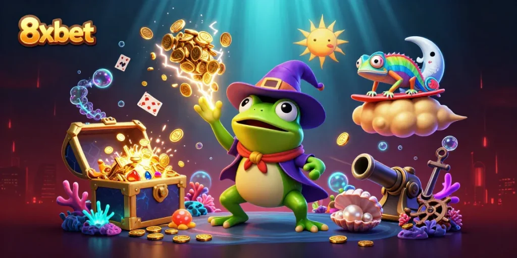 Engage with 8xbet’s thrilling world as the weather wizard frog conjures golden coins amid a vibrant casino scene.