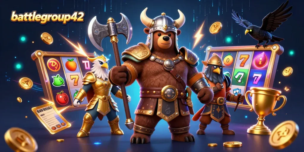 battlegroup42 features a Viking berserker and Valkyrie eagle in a vibrant casino scene with slots and rich visual elements.