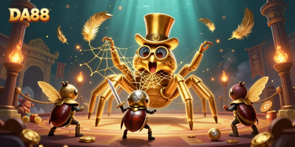 Engage in DA88's thrilling casino action with giant tarantula and brave beetle knight.