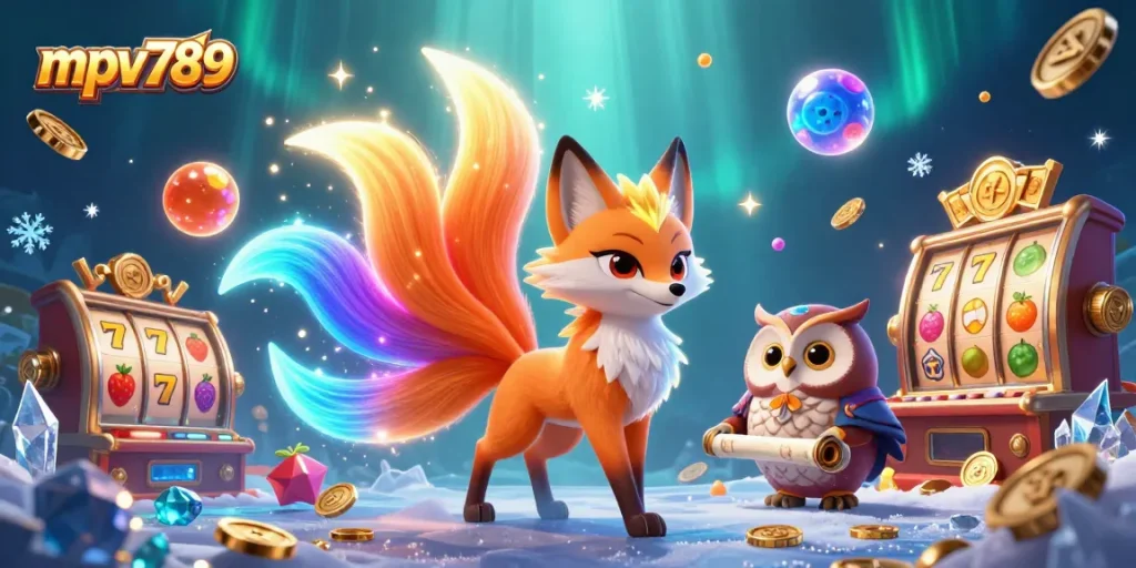 Experience thrilling wins with mpv789 showcasing a vibrant 3D scene of a nine-tailed fox and casino elements.