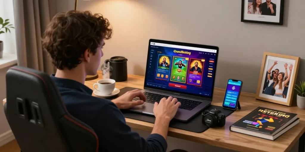 Engaged user on Grandbetting platform in modern home office, showcasing online gambling experience.