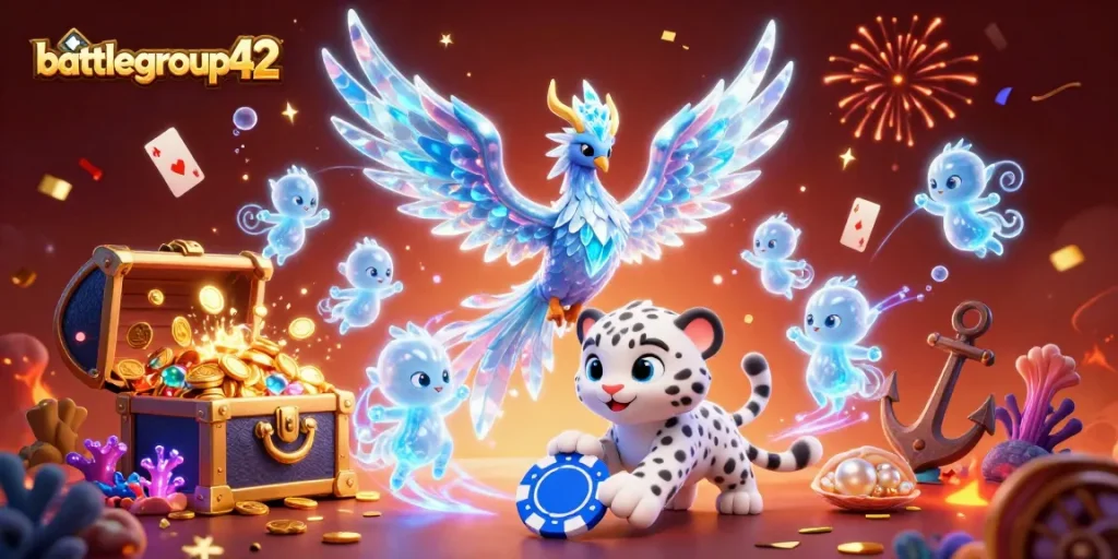 Engage with battlegroup42's vibrant 3D casino scene featuring ice phoenix, snow leopard cub, and sparkling gems.