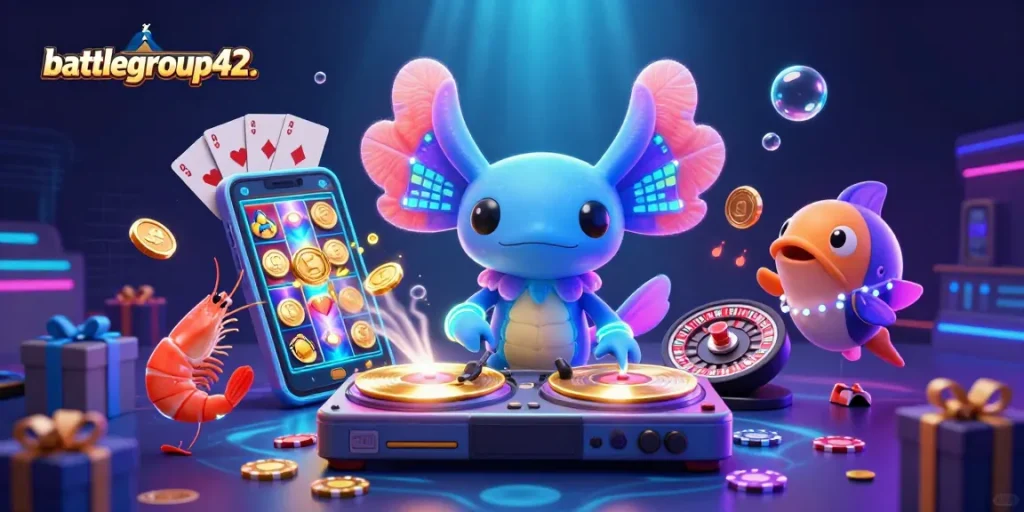 Experience the vibrant energy of battlegroup42 as an axolotl DJ spins at an underwater casino.