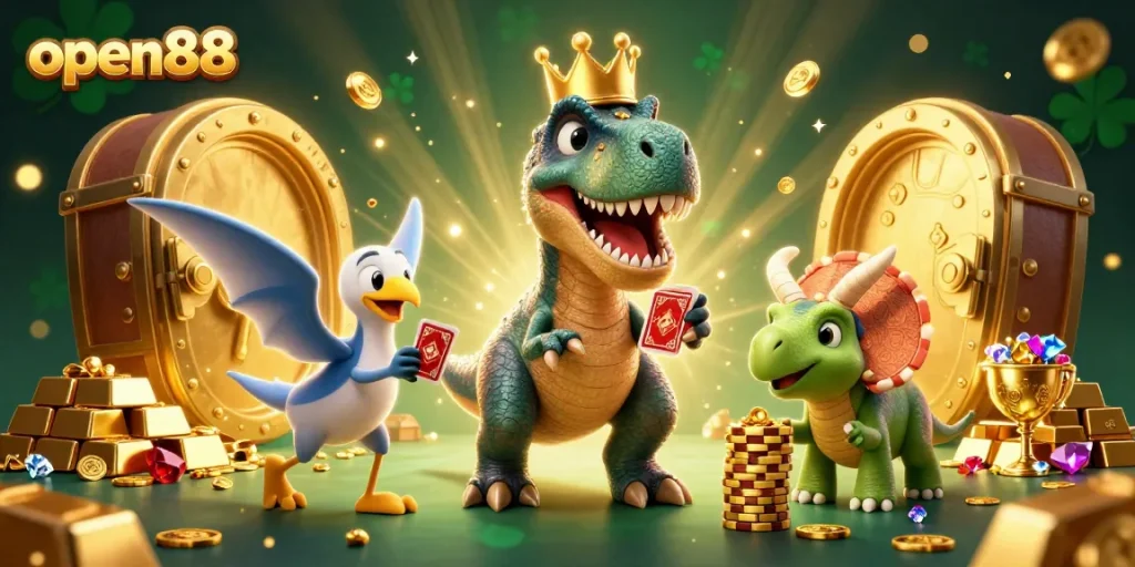 Experience the excitement of open88 with playful dinosaurs engaging in casino fun and treasure surrounded by dazzling gems.
