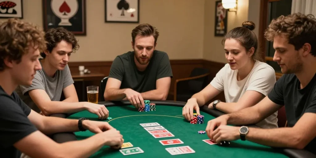 Friends enjoying poker at home with https://pokergameapk.com.pk/ showcasing colorful cards and chips.