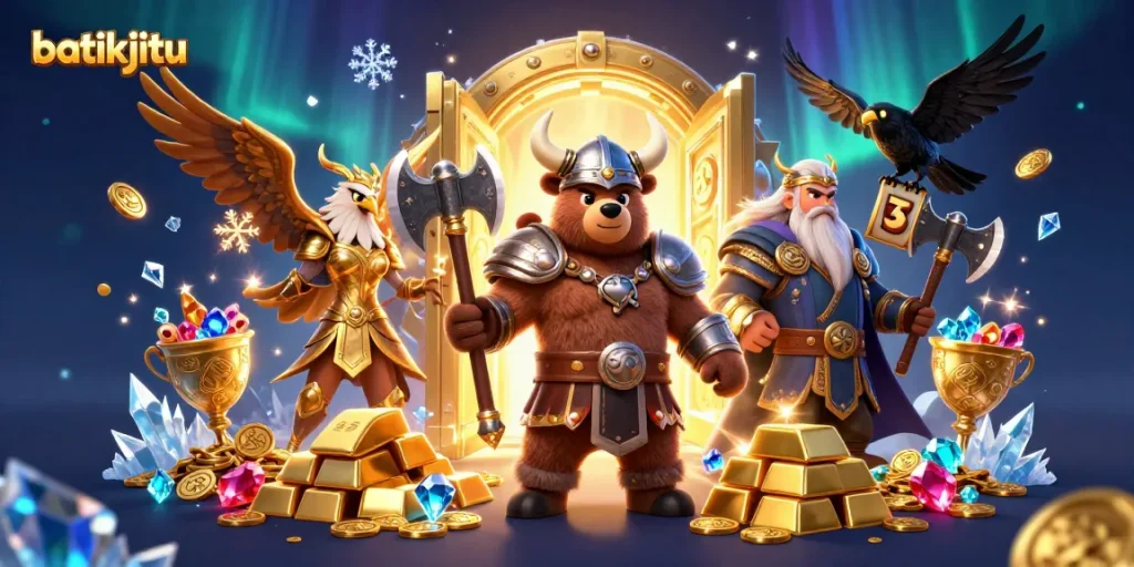 Bermain di batikjitu dengan karakter Viking dan Valkyrie dikelilingi harta karun dan mesin slot