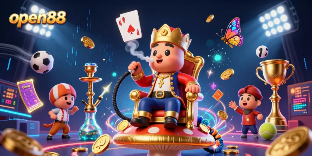Experience the excitement at open88 with dynamic 3D illustrations of casino elements representing vibrant gambling action.