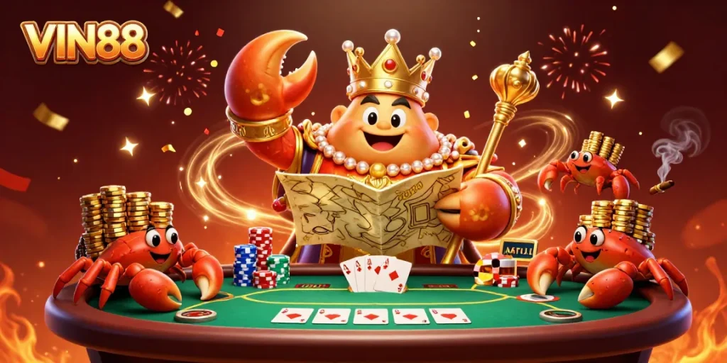 Experience the excitement of VIN88 with a royal crab holding treasures and surrounded by poker elements.