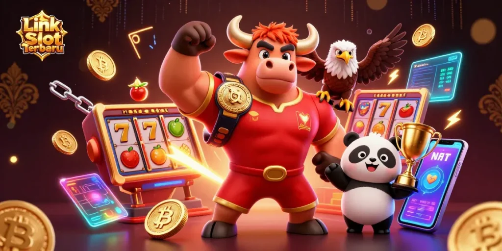 Exciting Link Slot Terbaru scene featuring a bull, eagle, and panda winning in a vibrant casino atmosphere.