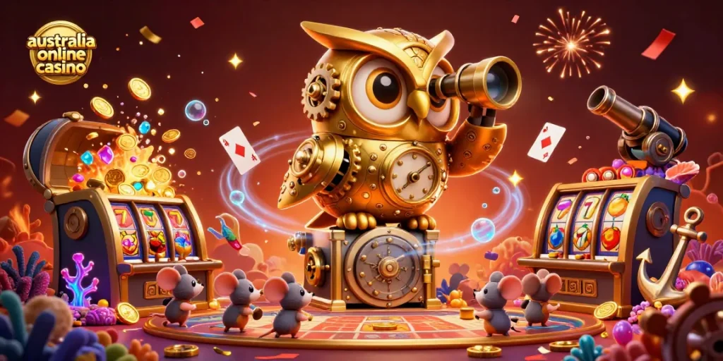 Experience vibrant gameplay at australia online casino with a magical owl watching over gold-filled slot machines.