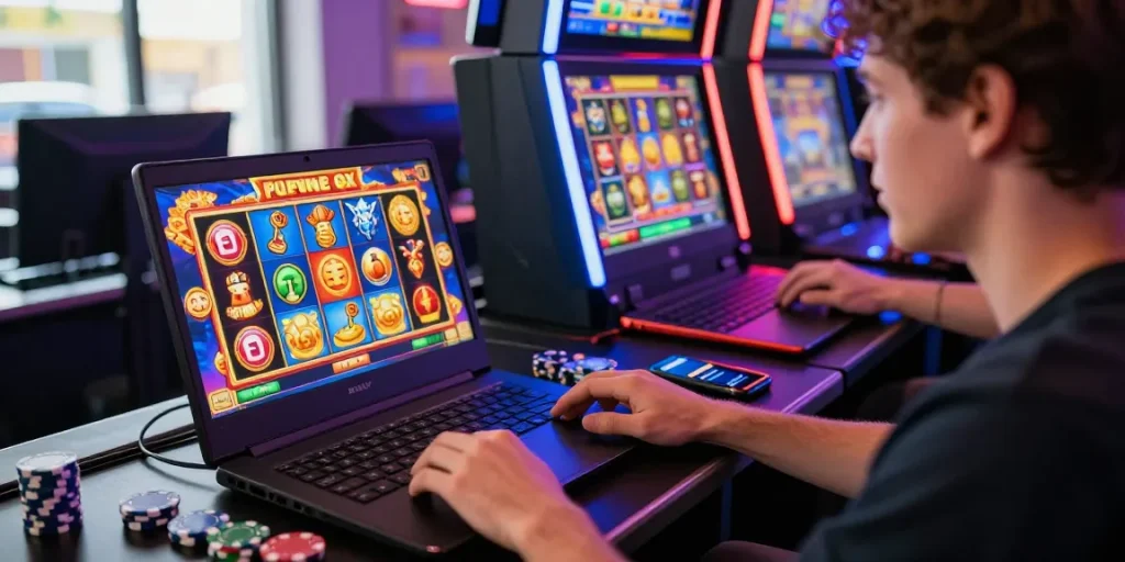 Player enjoying the Fortune Ox slot game in an energetic gaming setup with vibrant graphics.